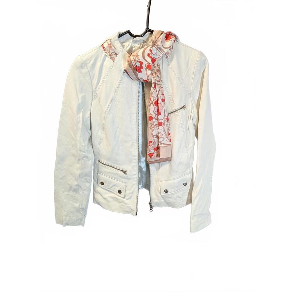 Arden B. Women's White Leather Jacket with Satin and Silk Trim